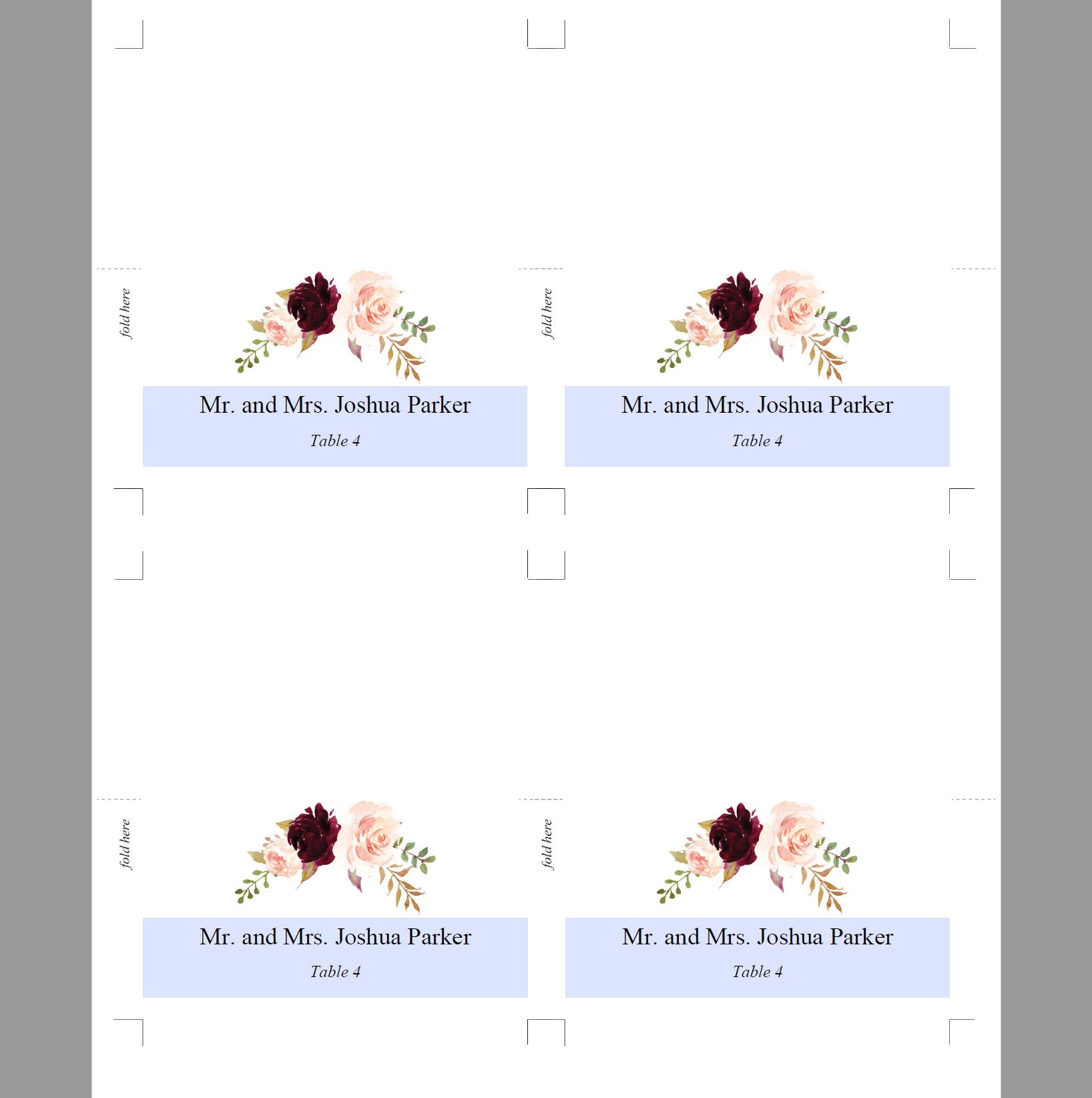 Place Cards Wedding, Table Place Cards, Place Card Template, Tented Place Cards,Seating Cards, Name Cards, Floral, Burgundy - Katherine PLACE CARDS SAVVY PAPER CO
