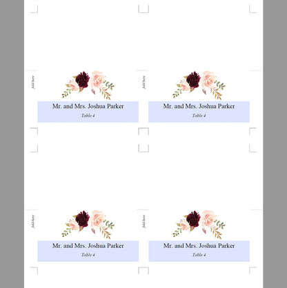 Place Cards Wedding, Table Place Cards, Place Card Template, Tented Place Cards,Seating Cards, Name Cards, Floral, Burgundy - Katherine PLACE CARDS SAVVY PAPER CO