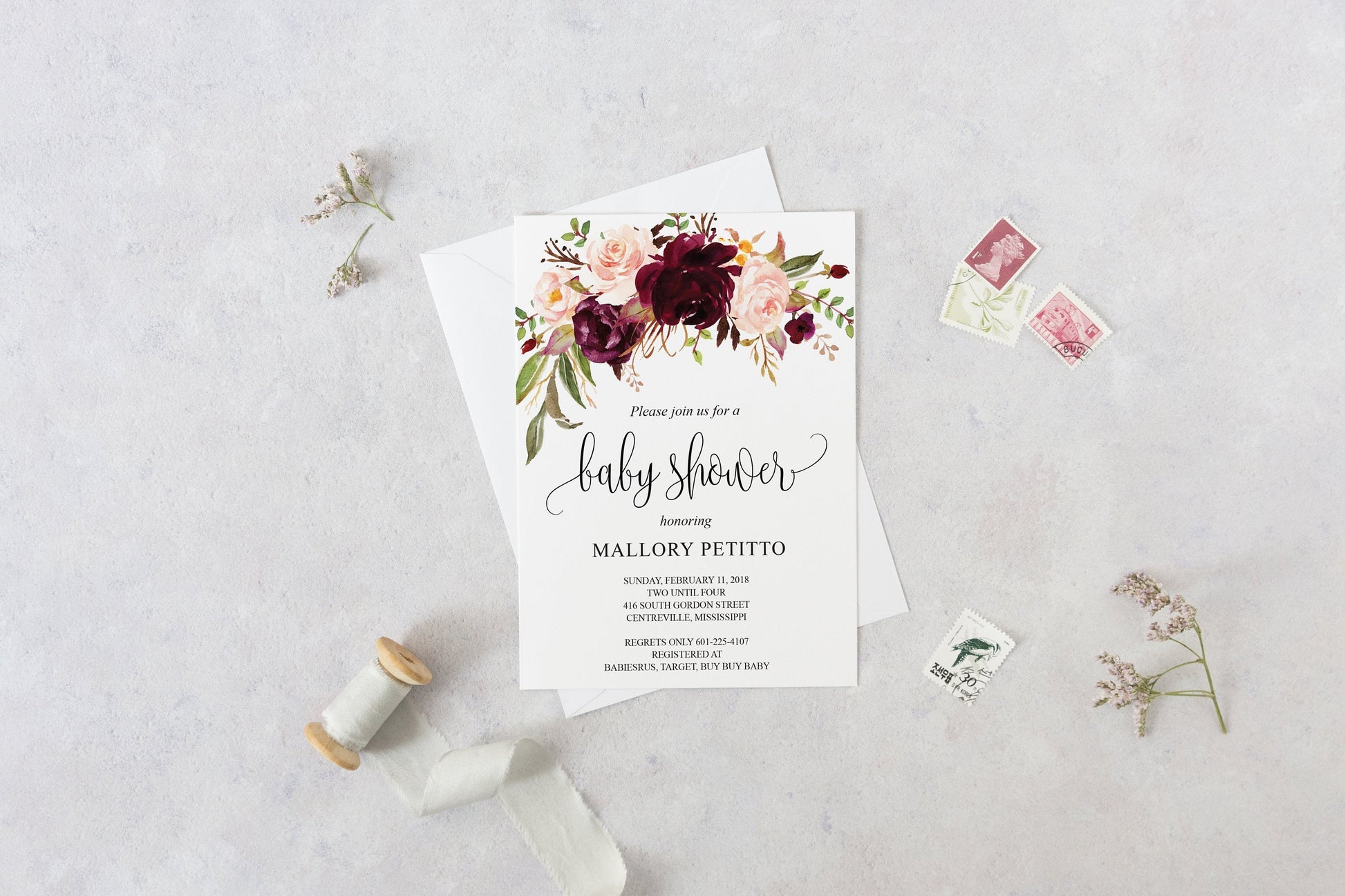 Printable Baby Shower Invitation Template, Baby Shower invite, Burgundy, Floral, Invitation, Baby Shower Invites - MPU78  SAVVY PAPER CO