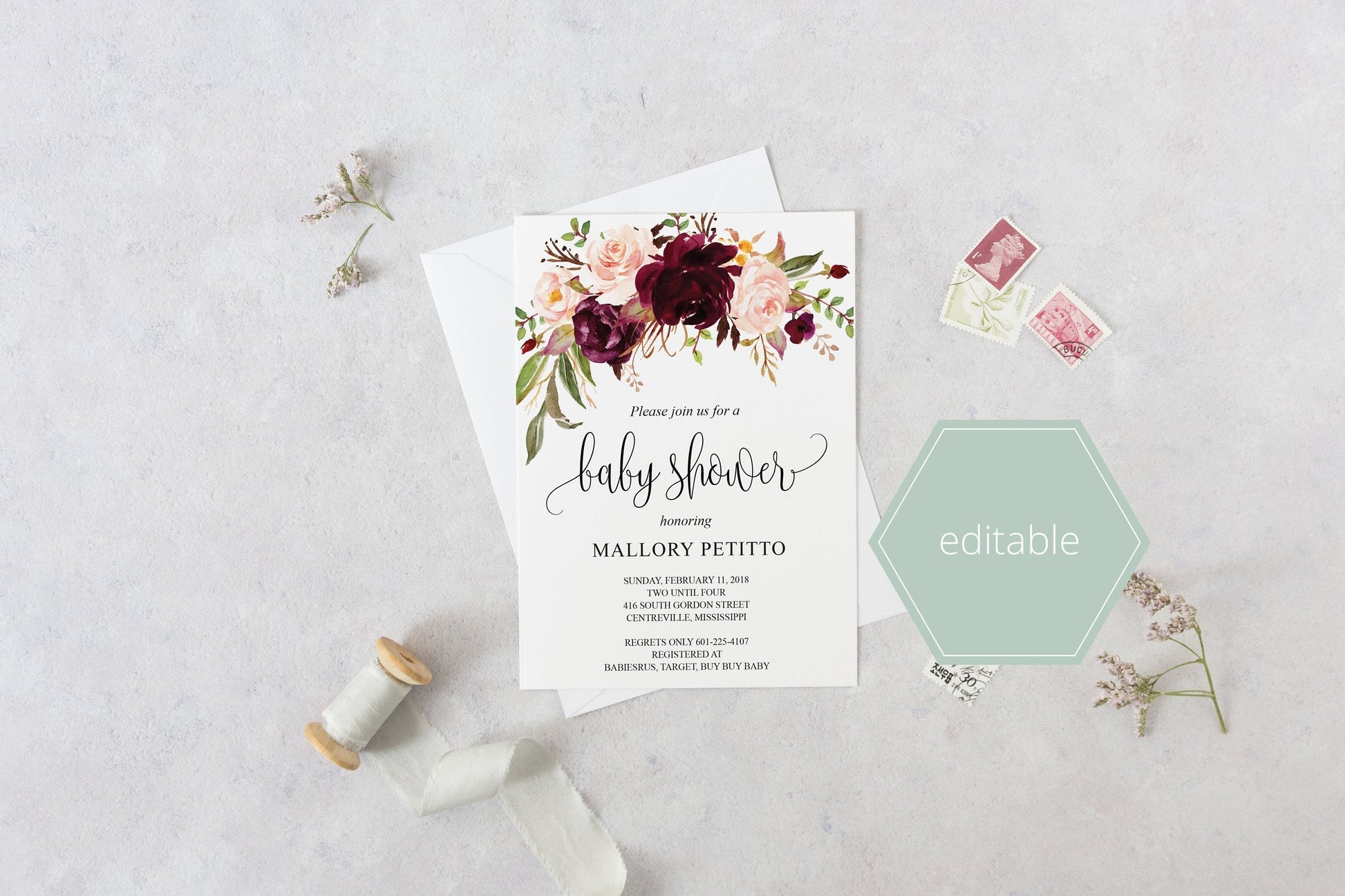 Printable Baby Shower Invitation Template, Baby Shower invite, Burgundy, Floral, Invitation, Baby Shower Invites - MPU78  SAVVY PAPER CO