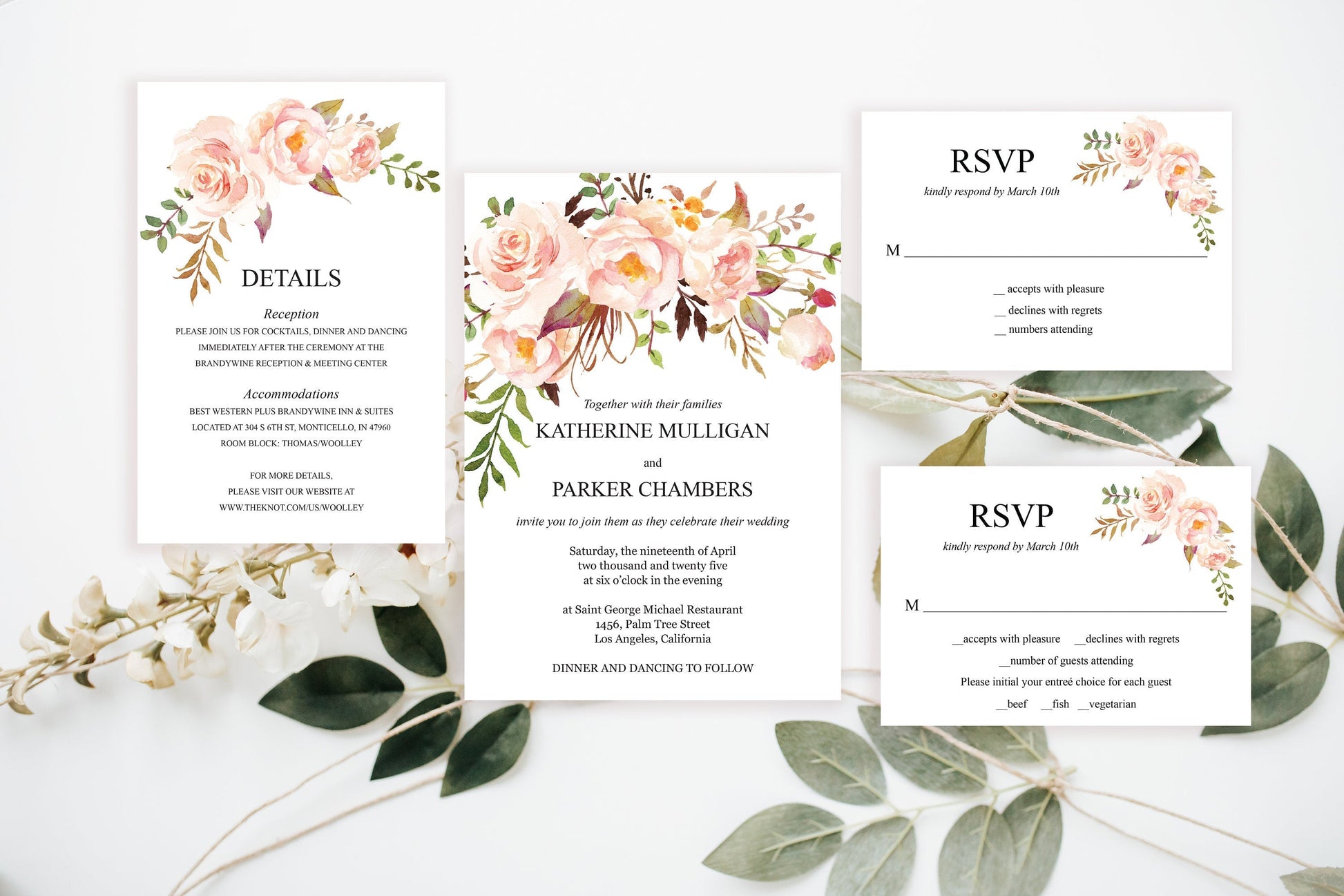 Printable Blush Floral Wedding Invitation Set Editable Template, DIY Instant Download Invites, Invitation Suite- Katherine WEDDING INVITATION SETS SAVVY PAPER CO