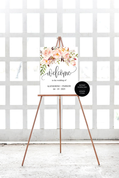 Printable Blush Floral Wedding Welcome Sign Editable Template Instant Download -KATHERINE SIGNS | PHOTO BOOTH SAVVY PAPER CO