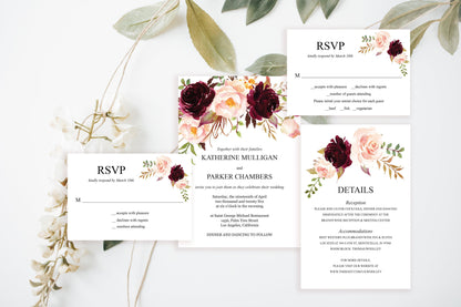 Printable Burgundy Floral Wedding Invitation Set Editable Template, DIY Instant Download Invites, Invitation Suite - Katherine WEDDING INVITATION SETS SAVVY PAPER CO