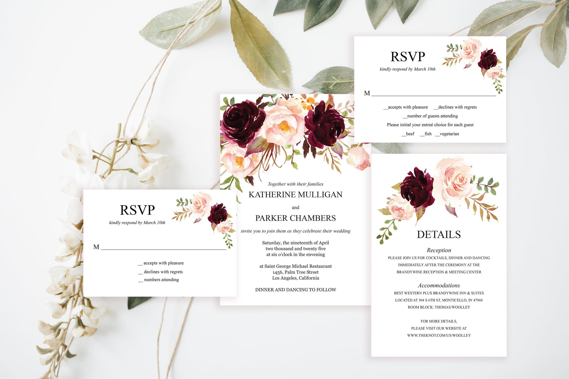 Printable Burgundy Floral Wedding Invitation Set Editable Template, DIY Instant Download Invites, Invitation Suite - Katherine WEDDING INVITATION SETS SAVVY PAPER CO