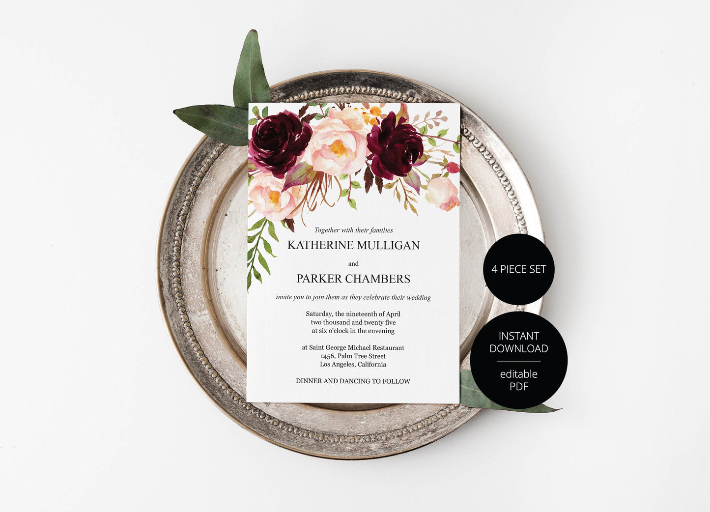 Printable Burgundy Floral Wedding Invitation Set Editable Template, DIY Instant Download Invites, Invitation Suite - Katherine WEDDING INVITATION SETS SAVVY PAPER CO