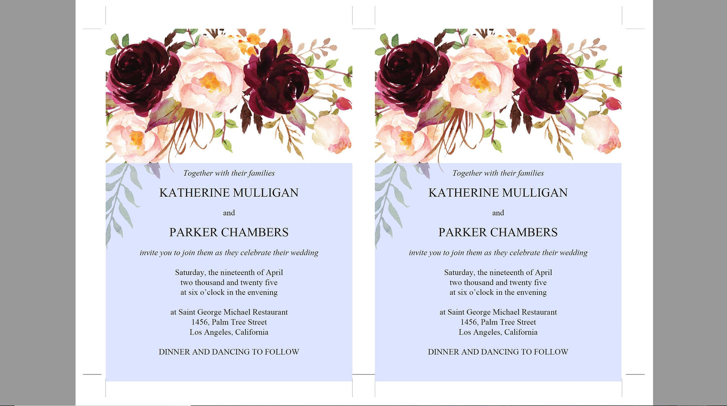 Printable Burgundy Floral Wedding Invitation Set Editable Template, DIY Instant Download Invites, Invitation Suite - Katherine WEDDING INVITATION SETS SAVVY PAPER CO