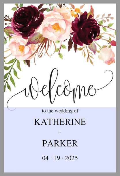 Printable Burgundy Floral Wedding Welcome Sign Editable Template Instant Download -KATHERINE SIGNS | PHOTO BOOTH SAVVY PAPER CO