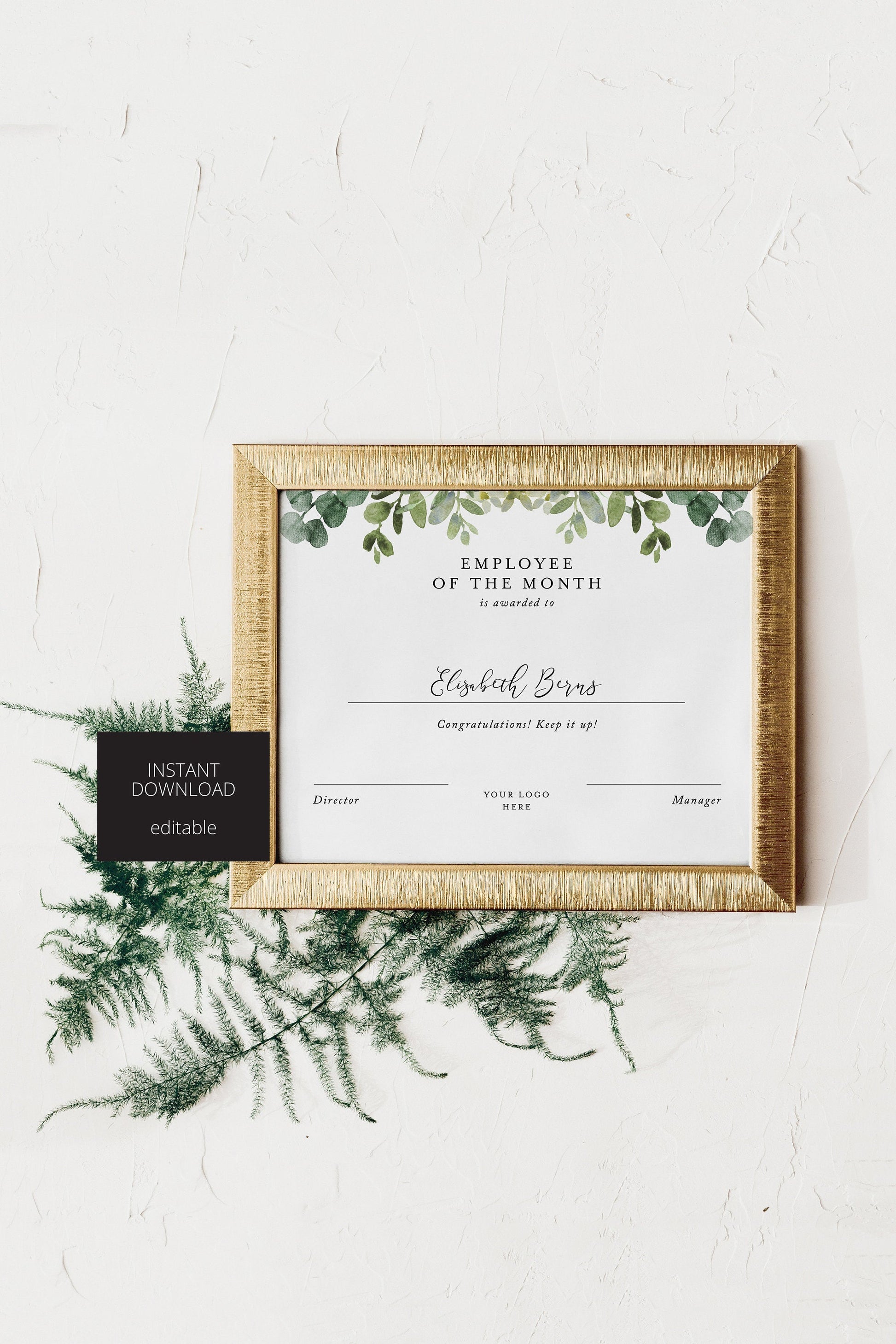 Printable Employee of the Month Editable Template, Employee of the Month Corporate Award, Instant Download, Greenery  SAVVY PAPER CO