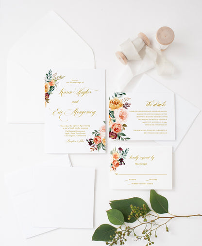 Printable Fall Wedding Invitation Set Golden Floral Wedding Suite Editable Template Instant Download Invites editable - Karen WEDDING INVITATION SETS SAVVY PAPER CO
