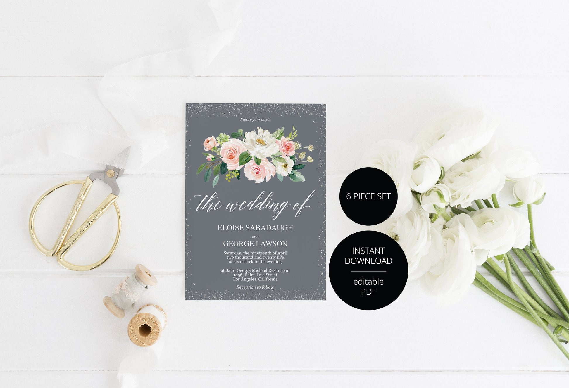 Printable Floral Gray Wedding Invitation Set Editable Template, DIY Instant Download Invites, Invitation Suite - Eloise WEDDING INVITATION SETS SAVVY PAPER CO