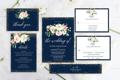 Printable Floral Navy Blue Wedding Invitation Set Editable Template, DIY Instant Download Invites, Invitation Suite PDF - Eloise WEDDING INVITATION SETS SAVVY PAPER CO