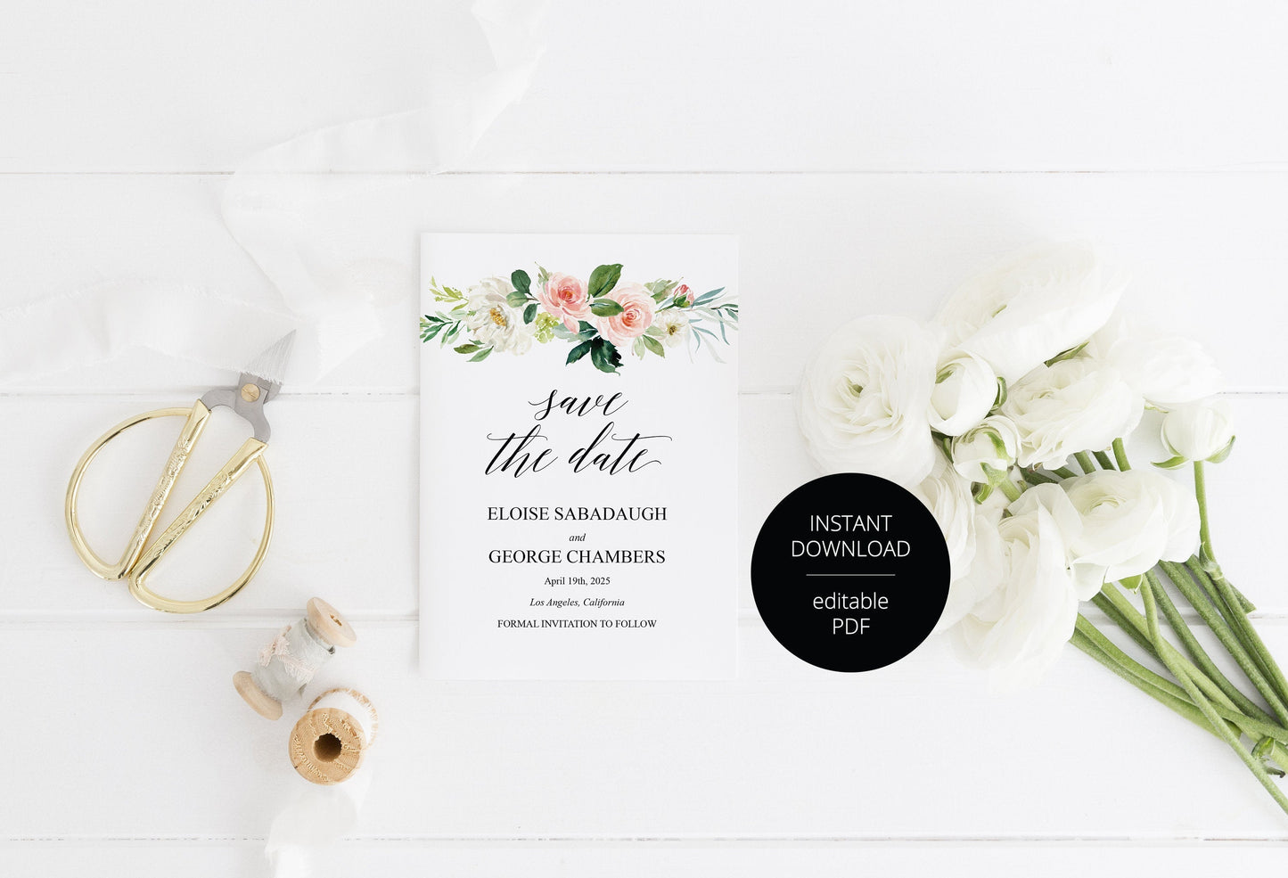Printable Floral Save-the-Date Template, Engagement Invite, PDF Instant Download, Greenery, Wedding Announcement  - Eloise SAVE THE DATES SAVVY PAPER CO