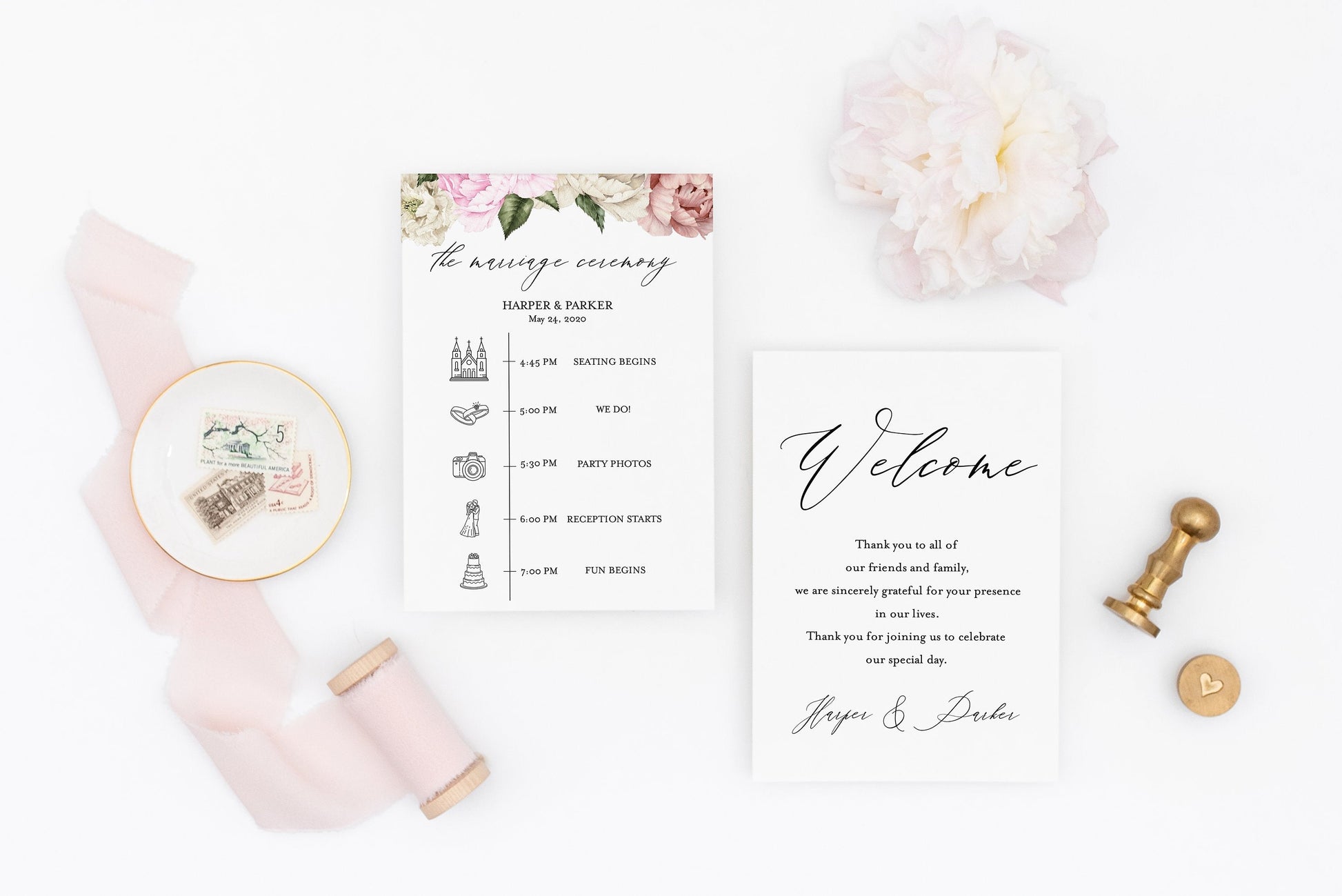 Printable Floral Wedding Itinerary Template Card Timeline Welcome 100% editable Templett Floral - Harper MENU|PROGRAMS|TIMELINE SAVVY PAPER CO