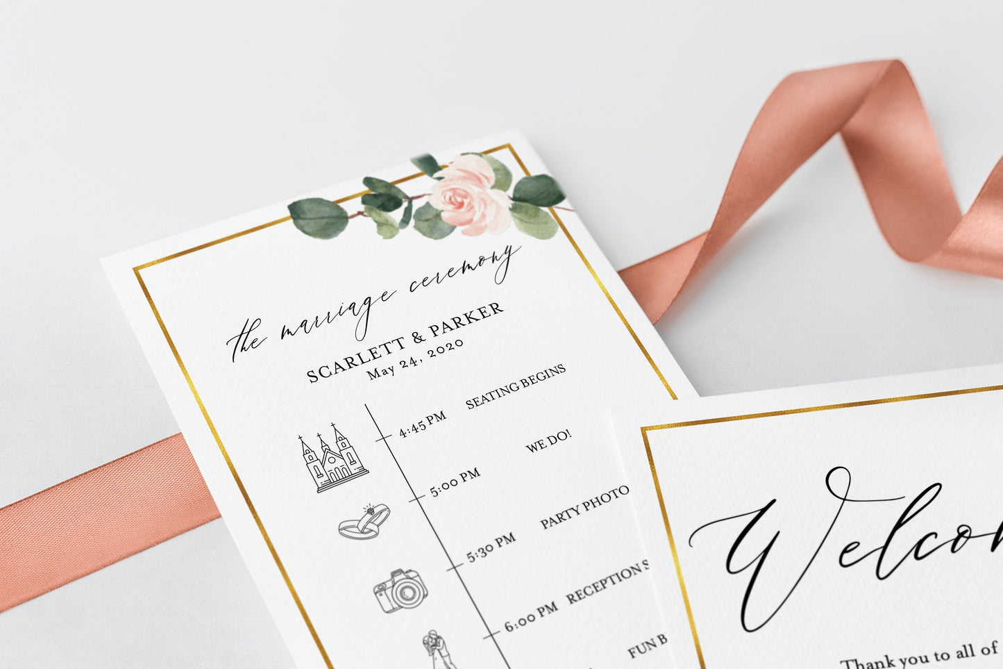 Printable Floral Wedding Itinerary Template Card Timeline Welcome 100% editable Templett Greenery - Scarlett MENU|PROGRAMS|TIMELINE SAVVY PAPER CO
