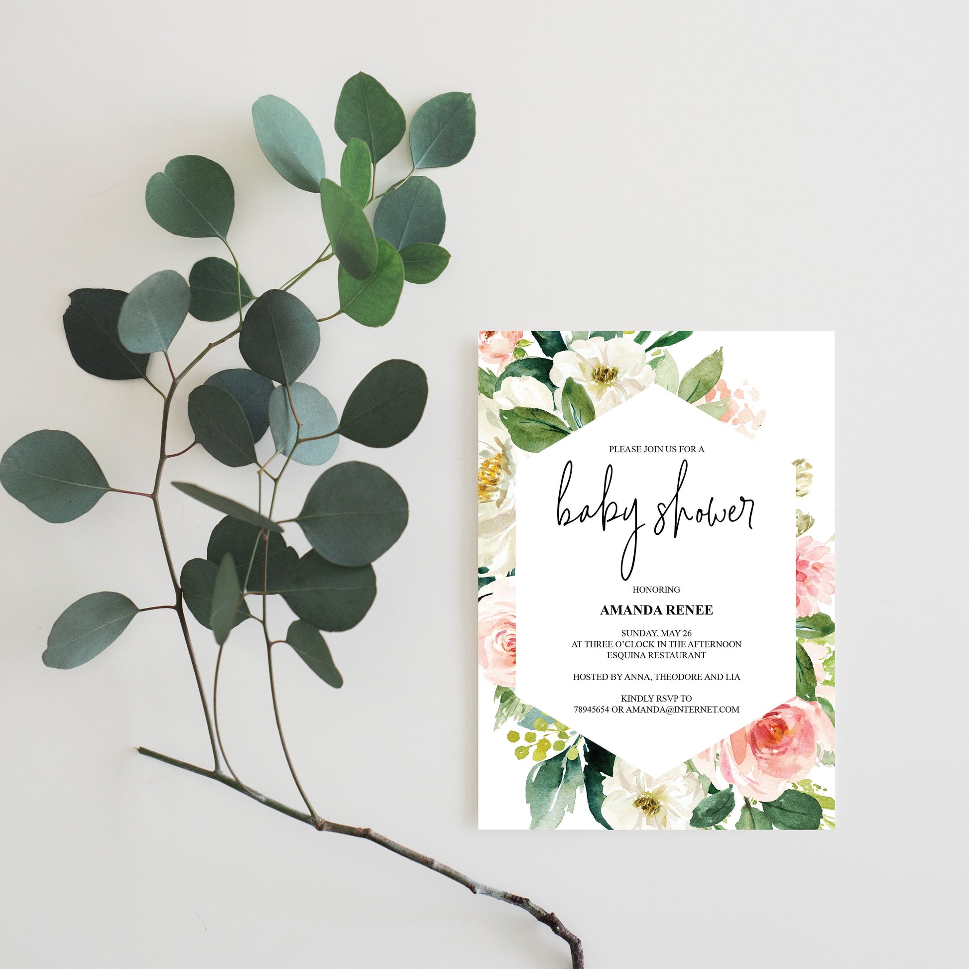 Printable Geometric Baby Shower Invitation Template,Floral, Greenery, Baby Shower invite, Invitation, Blush Baby Shower Invites - EV23  SAVVY PAPER CO