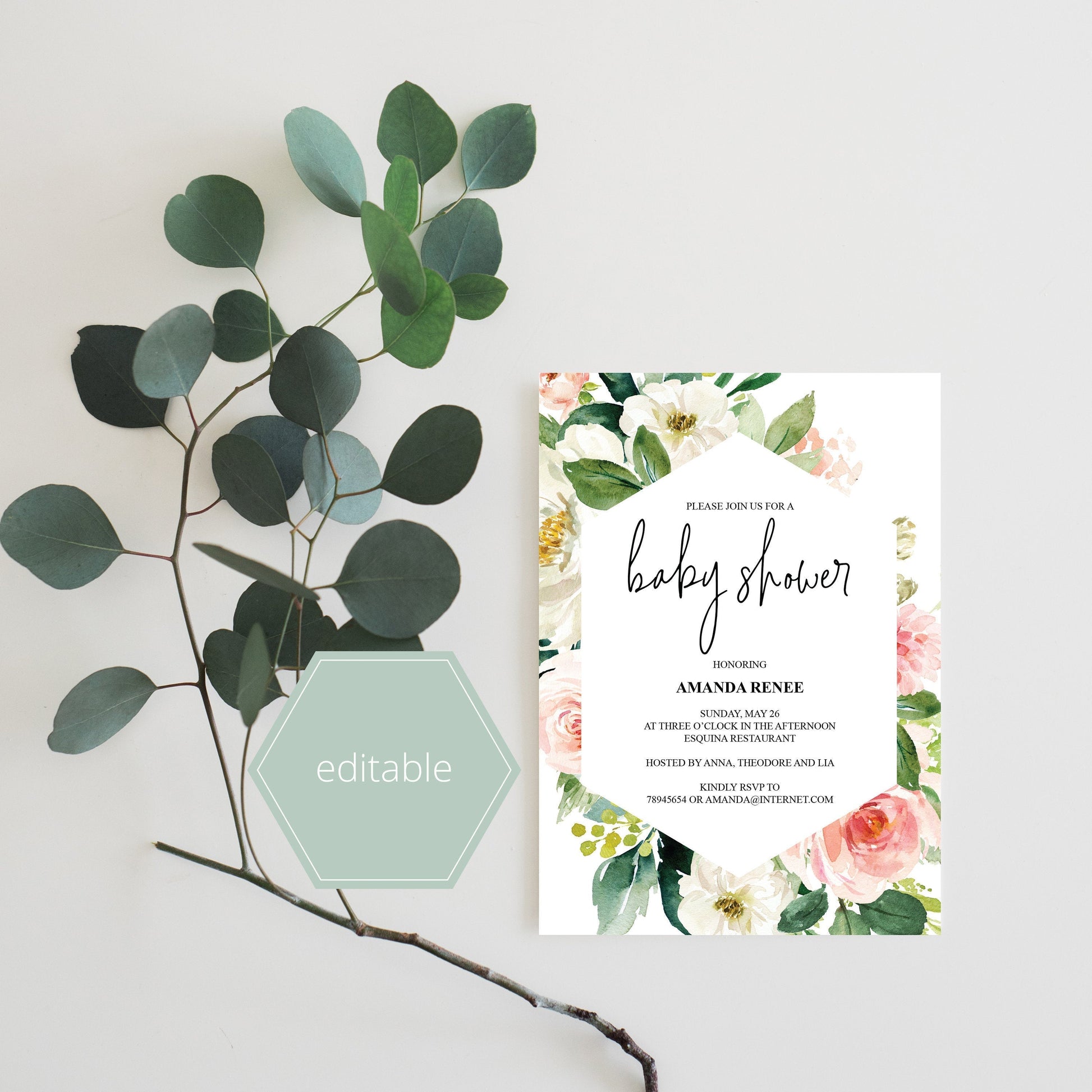 Printable Geometric Baby Shower Invitation Template,Floral, Greenery, Baby Shower invite, Invitation, Blush Baby Shower Invites - EV23  SAVVY PAPER CO