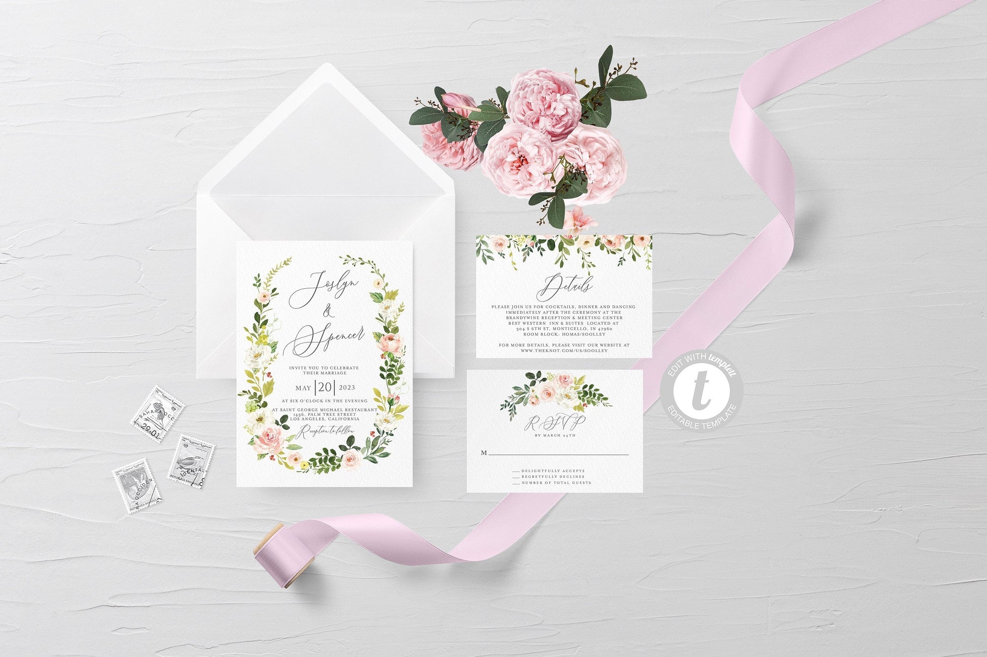 Printable Greenery Floral Wedding Invitation Set Editable Template, DIY Instant Download Invites, Invitation Suite 100% editable - JOSS WEDDING INVITATION SETS SAVVY PAPER CO