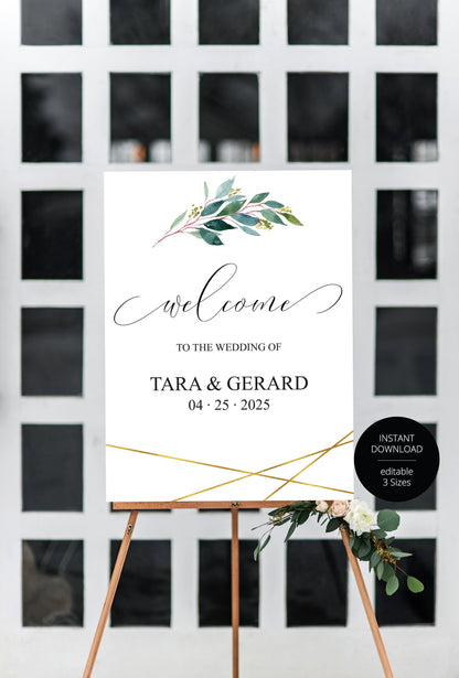 Printable Greenery Gold Wedding Welcome Sign Editable Template Instant Download  -TARA SIGNS | PHOTO BOOTH SAVVY PAPER CO