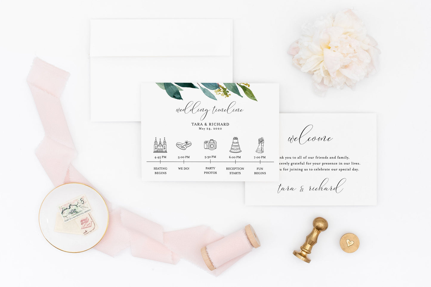 Printable Greenery Wedding Itinerary Template Card Timeline Welcome, 100% editable Templett - Tara MENU|PROGRAMS|TIMELINE SAVVY PAPER CO