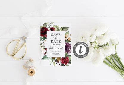 Printable Save-the-Date Template, Engagement Invite, 100% editable text, Greenery, Burgundy, Wedding Templett-Bella SAVE THE DATES SAVVY PAPER CO