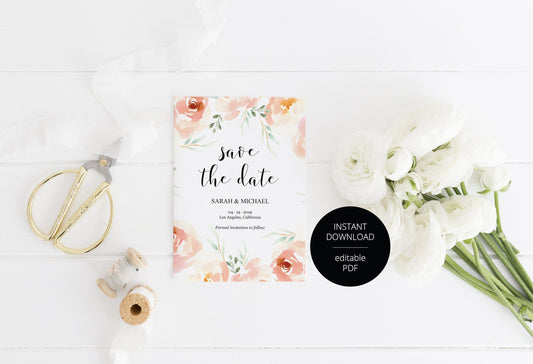 Printable Save-the-Date Template, Engagement Invite, PDF Instant Download, Blush Florals, Wedding Announcement  - Sarah SAVE THE DATES SAVVY PAPER CO