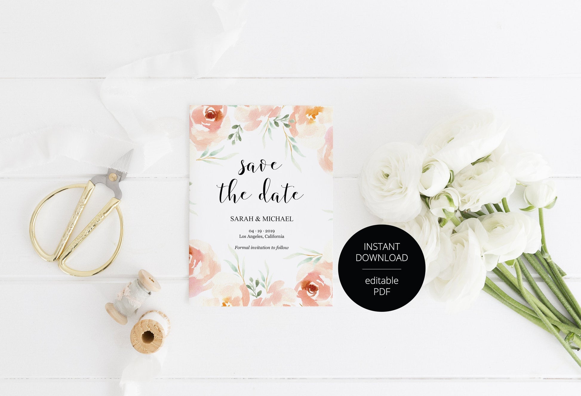 Printable Save-the-Date Template, Engagement Invite, PDF Instant Download, Blush Florals, Wedding Announcement  - Sarah SAVE THE DATES SAVVY PAPER CO