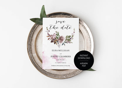 Printable Save-the-Date Template, Engagement Invite, PDF Instant Download, Floral Wedding Announcement  - Elisa SAVE THE DATES SAVVY PAPER CO