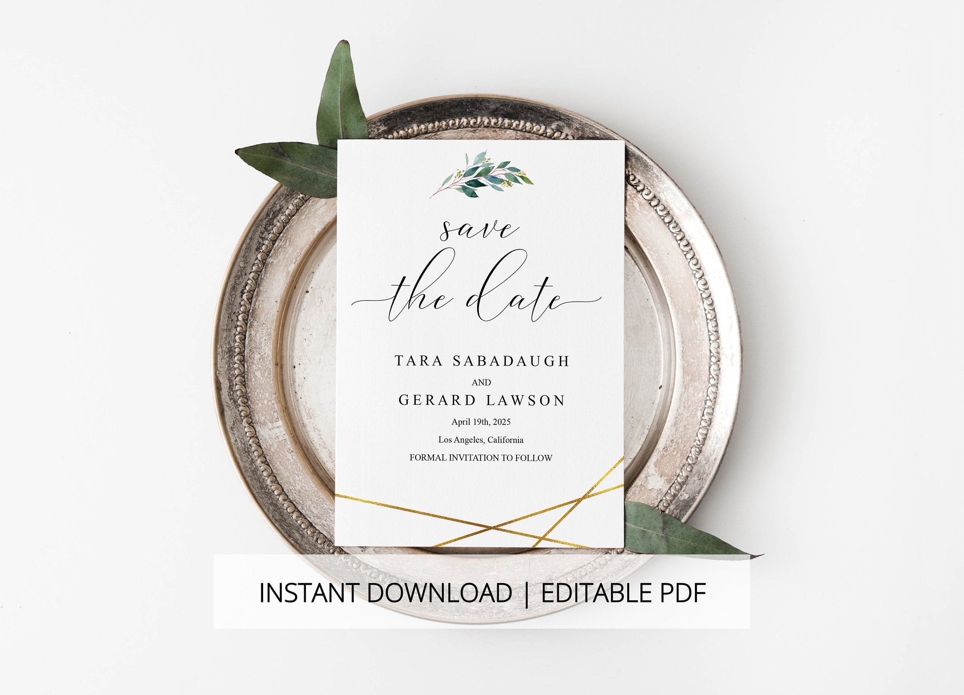 Printable Save-the-Date Template, Engagement Invite, PDF Instant Download, Greenery, Wedding Announcement, Gold - TARA SAVE THE DATES SAVVY PAPER CO