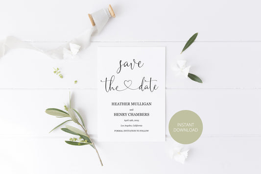 Printable Save-the-Date Template, Engagement Invite, PDF Instant Download, Greenery, Wedding Announcement, Heart, Calligraphy  - Heather SAVE THE DATES SAVVY PAPER CO
