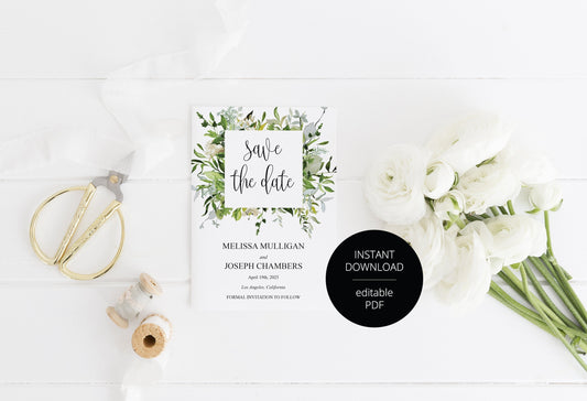 Printable Save-the-Date Template, Engagement Invite, PDF Instant Download, Greenery, Wedding Announcement - Melissa SAVE THE DATES SAVVY PAPER CO