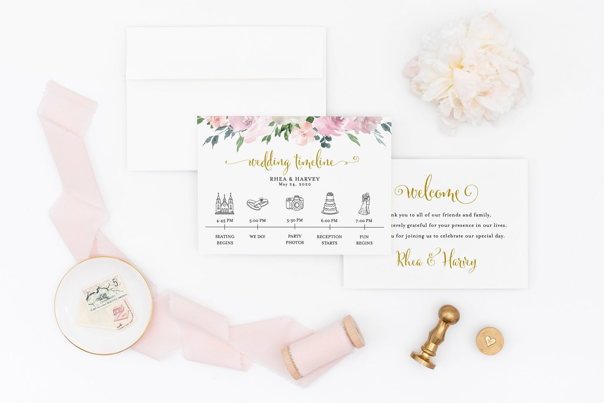 Printable Wedding Itinerary Template Card Timeline Welcome 100% editable Templett Floral Dusty Blue Blush - Rhea MENU|PROGRAMS|TIMELINE SAVVY PAPER CO