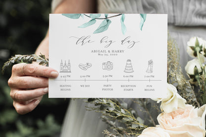 Printable Wedding Itinerary Template Card Timeline Welcome 100% editable Templett Greenery Dusty Blue - Abi MENU|PROGRAMS|TIMELINE SAVVY PAPER CO