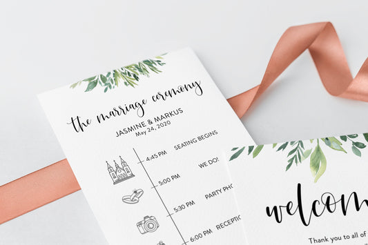 Printable Wedding Itinerary Template Card Timeline Welcome 100% editable Templett Greenery - Jasmine MENU|PROGRAMS|TIMELINE SAVVY PAPER CO
