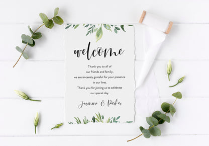 Printable Wedding Itinerary Template Card Timeline Welcome 100% editable Templett Greenery - Jasmine MENU|PROGRAMS|TIMELINE SAVVY PAPER CO