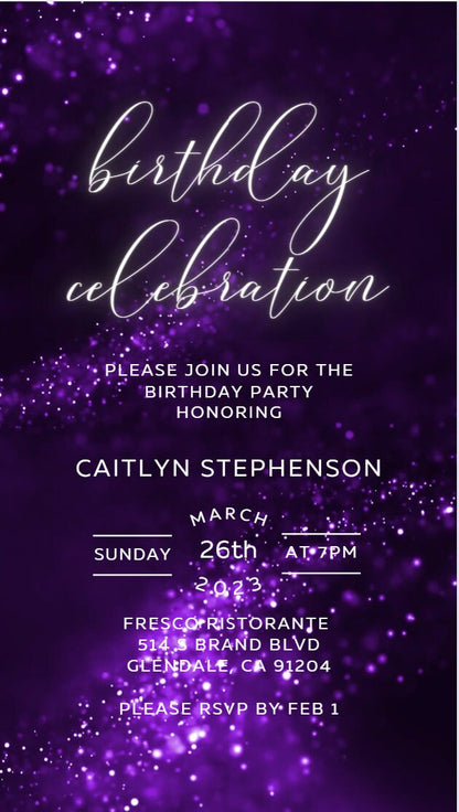 Purple Digital Birthday Dinner Invitation template for women electronic invitations any age edit in Canva evite send online instant download SAVVY PAPER CO