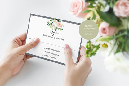 RSVP Card Template, Wedding RSVP, Response Card, RSVP Gold, Wedding Printable rsvp, Wedding Response Floral, Grey, Silver - Eloise  SAVVY PAPER CO