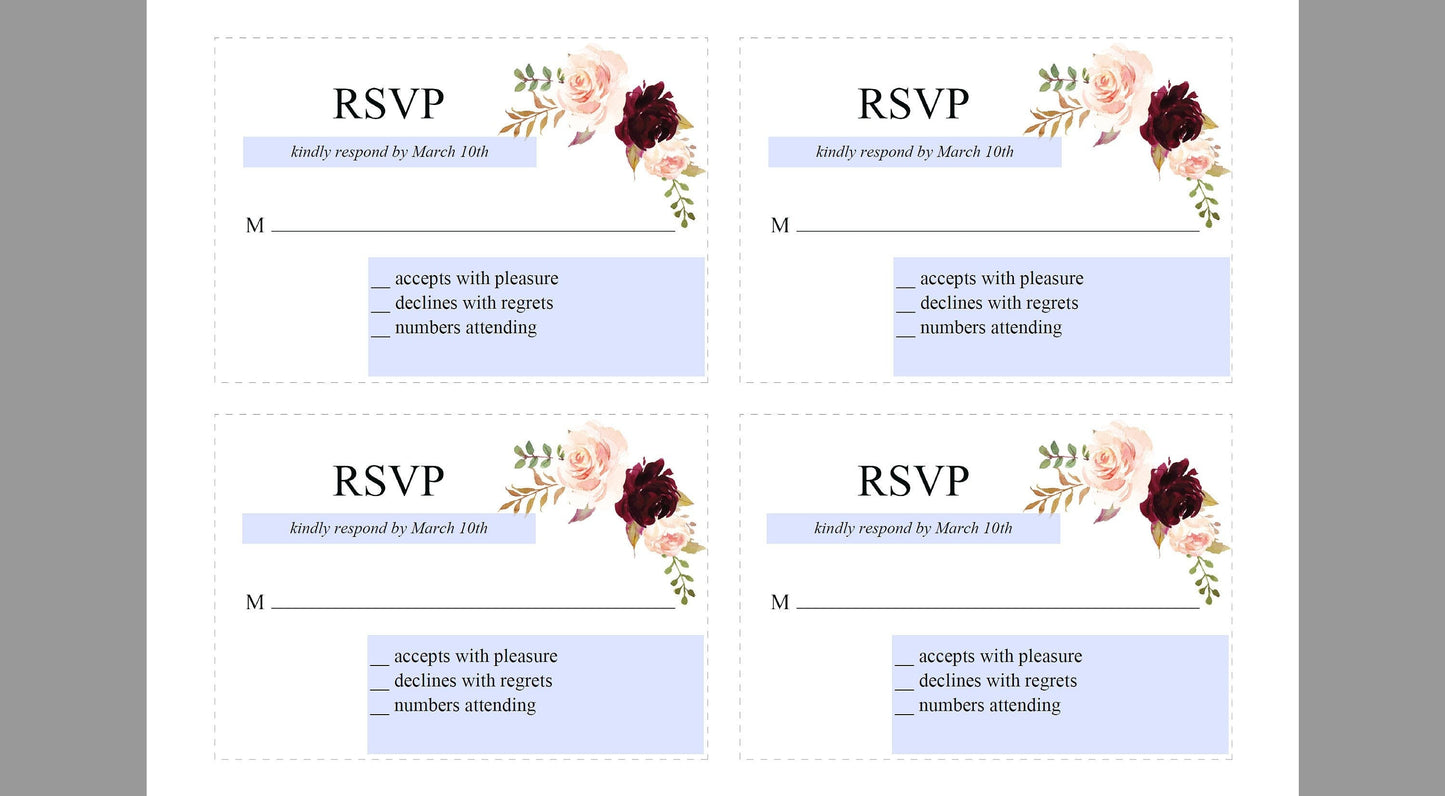 RSVP Card Template, Wedding RSVP, Response Card, RSVP cards, Wedding,Printable rsvp,Wedding Response, Burgundy, Nature Wedding -Katherine RSVP & DETAILS CARDS SAVVY PAPER CO