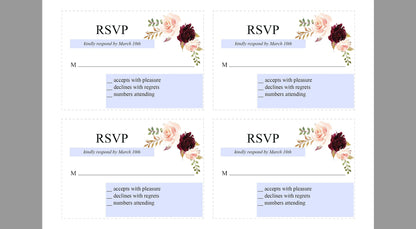 RSVP Card Template, Wedding RSVP, Response Card, RSVP cards, Wedding,Printable rsvp,Wedding Response, Burgundy, Nature Wedding -Katherine RSVP & DETAILS CARDS SAVVY PAPER CO