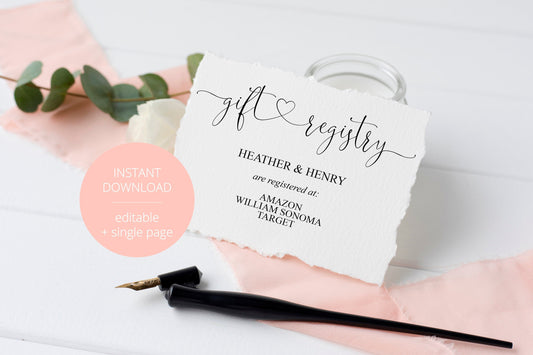 Registry Card Template, Gift Registry, Wedding Template, Enclosure Cards, Registry Wedding, Shower Registry, Registry Card Insert  - Heather TAGS | TY | INSERTS SAVVY PAPER CO