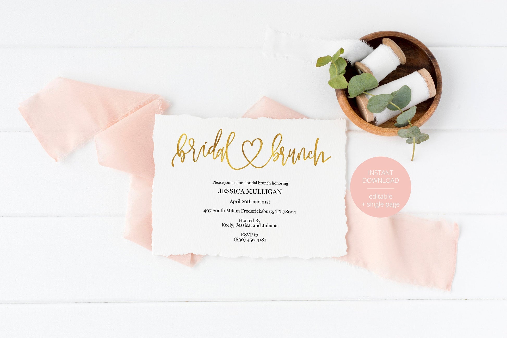Rose Gold Bridal Brunch Shower Invitation Instant Download Printable Editable Template DIY Bridal Shower Invite - JESSICA SHOWERS | BACHELORETTE SAVVY PAPER CO