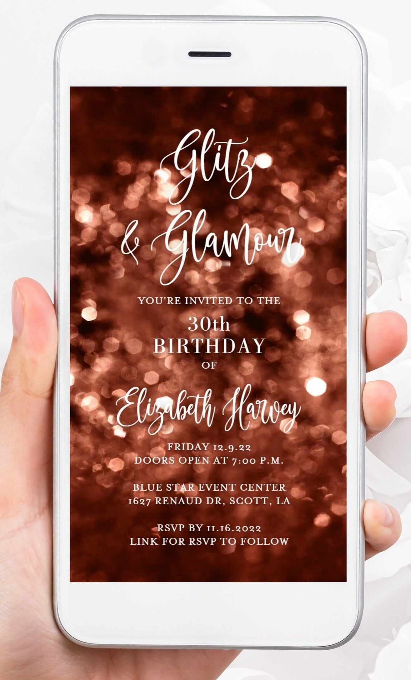 Rose Gold Electronic Birthday Dinner Invitation, Dinner Party Mobile Invite, Digital Birthday Evite, Birthday Video Invitation, Any Age  SAVVY PAPER CO
