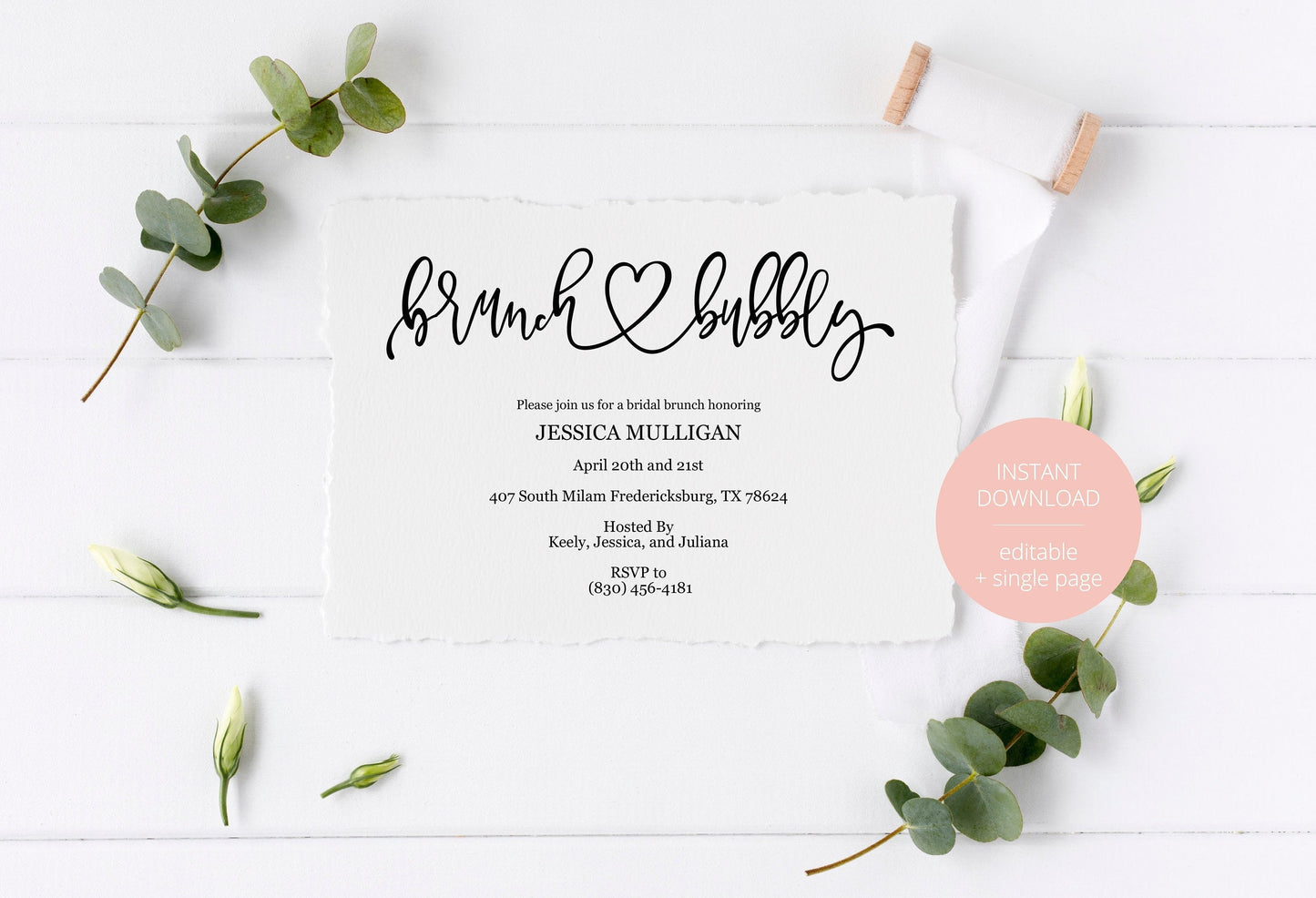 Rustic Brunch and Bubbly Bridal Shower Invitation Instant Download Printable Editable Template DIY Bridal Shower Invite - JESSICA SHOWERS | BACHELORETTE SAVVY PAPER CO