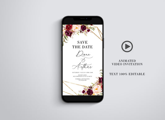 Save the Date Video Evite, Electronic Save The Date, Video Invitation, Animated Invitation Burgundy Florals  SAVVY PAPER CO