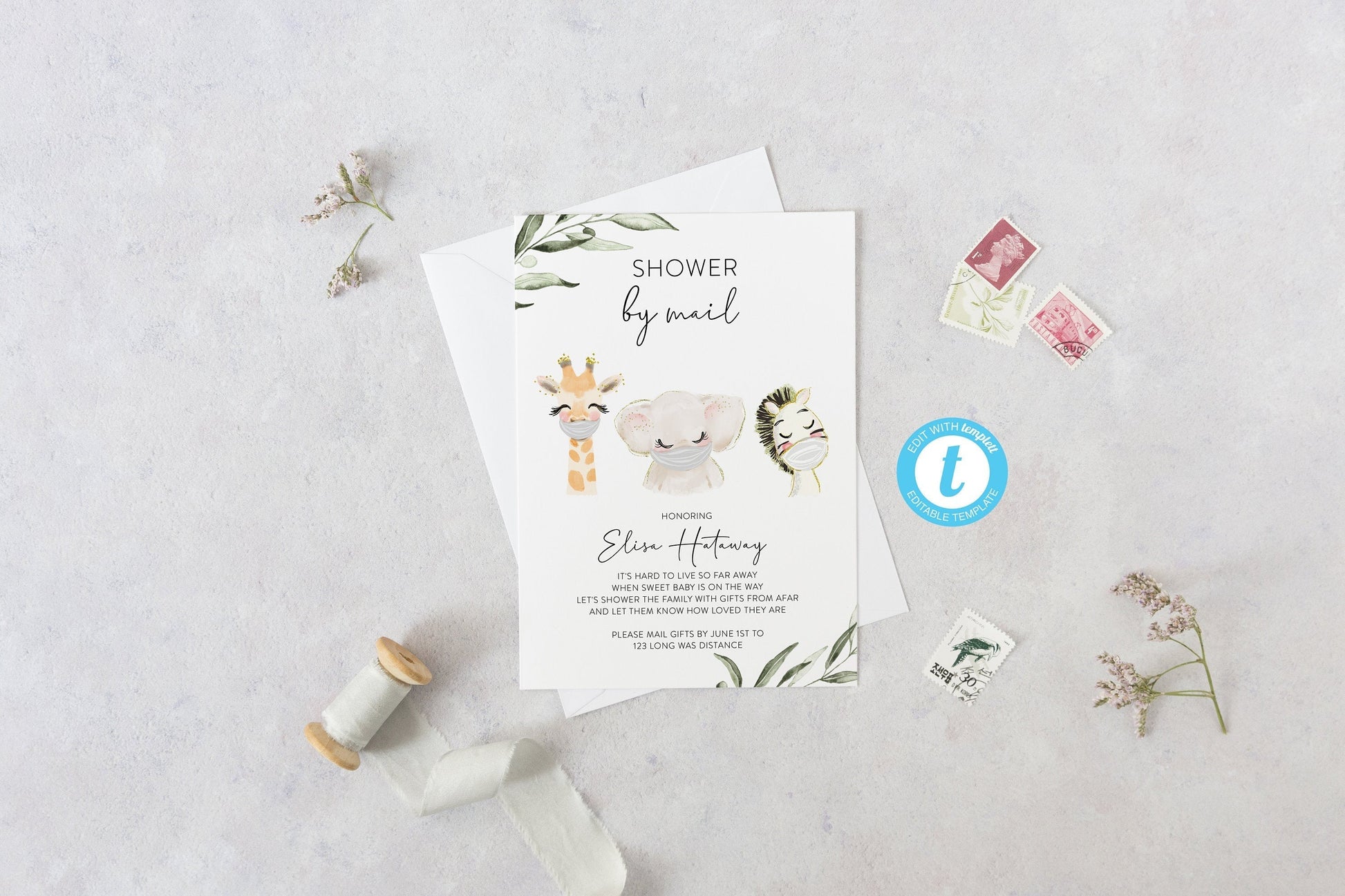 Shower by Mail Invitation Template,  Long Distance Baby Shower Invite, Woodland Invites, Editable, Instant Download | Face mask   -  Isla  SAVVY PAPER CO