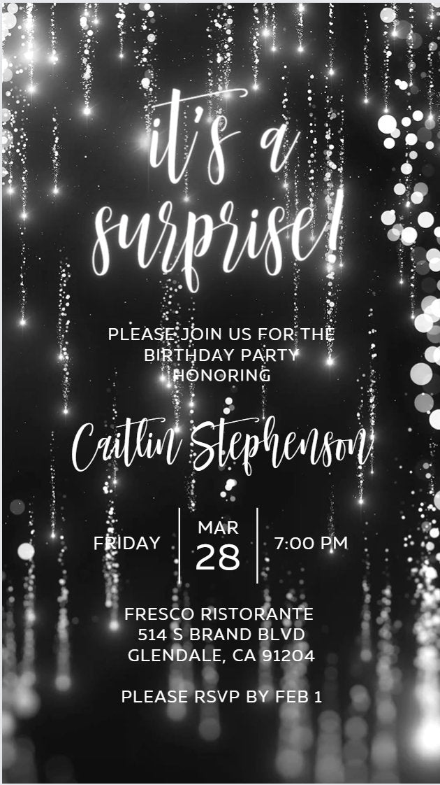 Silver Digital Surprise Birthday Invitation template women electronic invitations any age edit in Canva evite send online instant download SAVVY PAPER CO