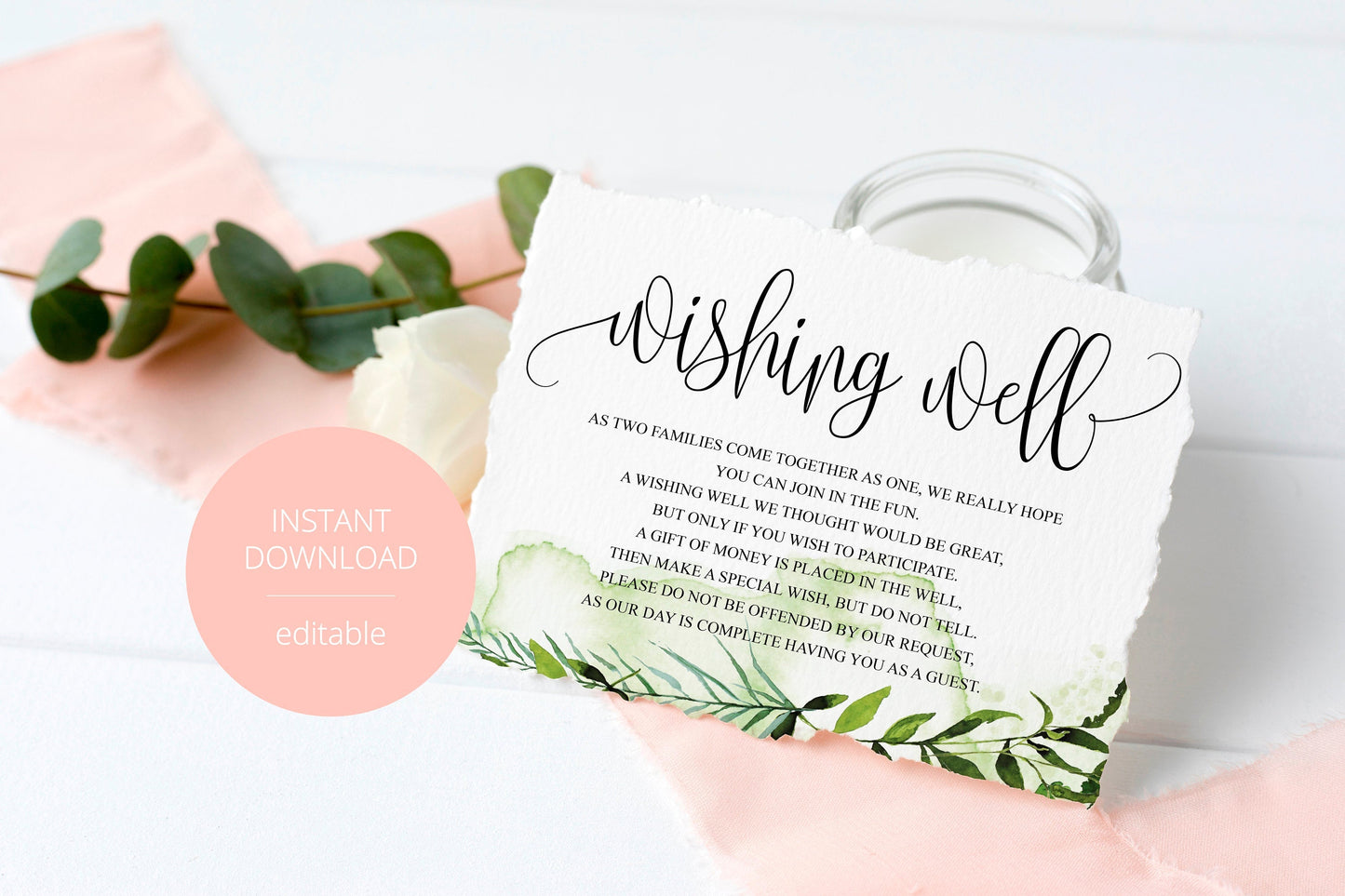 Simple Wedding Wishing Well Card Template,Instant Download, Editable Wishing, Wishing well Cards Insert, Greenery,Rustic  - Melissa TAGS | TY | INSERTS SAVVY PAPER CO