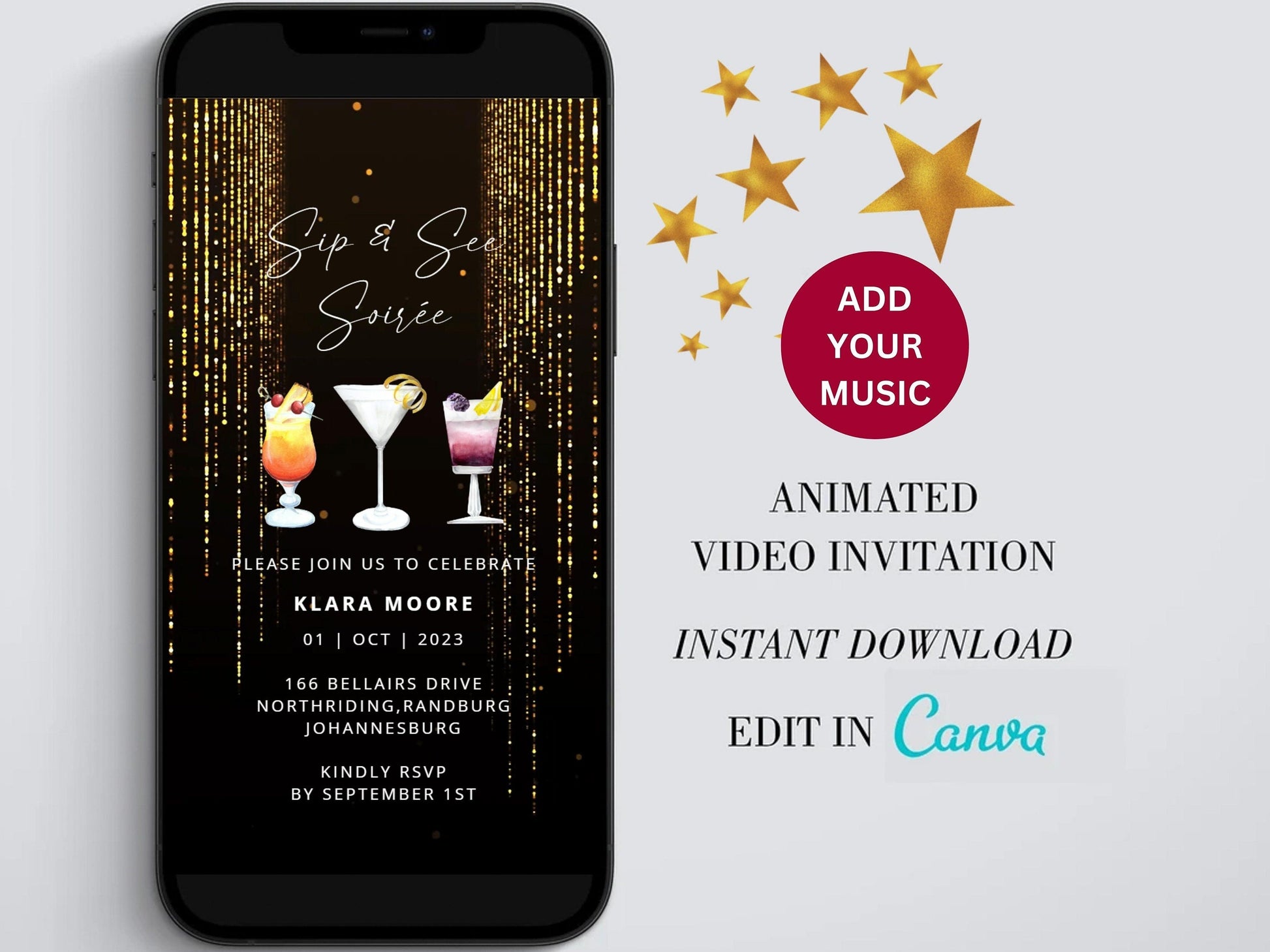 Sip and see Soiree Digital Birthday Invitation template, Cocktail Electronic Birthday Evite, Edit in Canva, Any Age, Instant Download  SAVVY PAPER CO