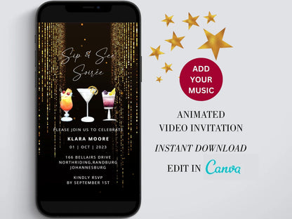 Sip and see Soiree Digital Birthday Invitation template, Cocktail Electronic Birthday Evite, Edit in Canva, Any Age, Instant Download  SAVVY PAPER CO