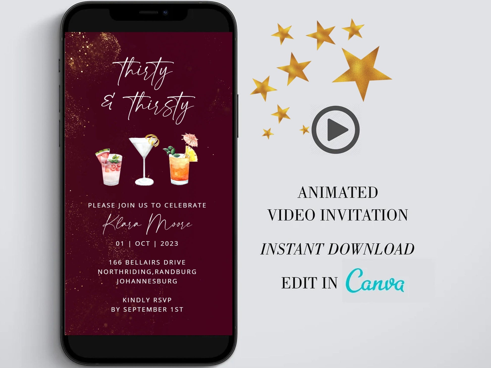 Thirty and thirsty Digital Birthday Invitation template, Cocktail Electronic Birthday Evite, Edit in Canva, Any Age, Instant Download SAVVY PAPER CO
