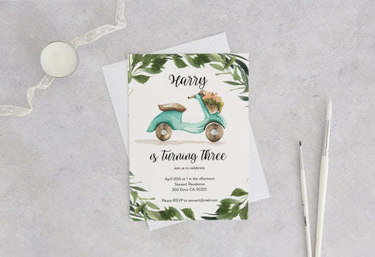 Vespa Birthday Invitation Template, Instant Download, Balloons 3rd Birthday Invite, Editable, Moped #SC2  SAVVY PAPER CO